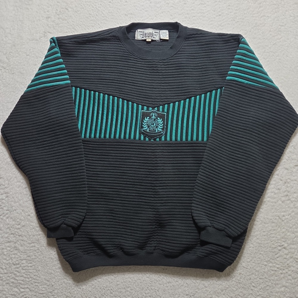 Vtg Riccardo Men's Sweat Shirt Green And black‎ ribbed striped Size Large